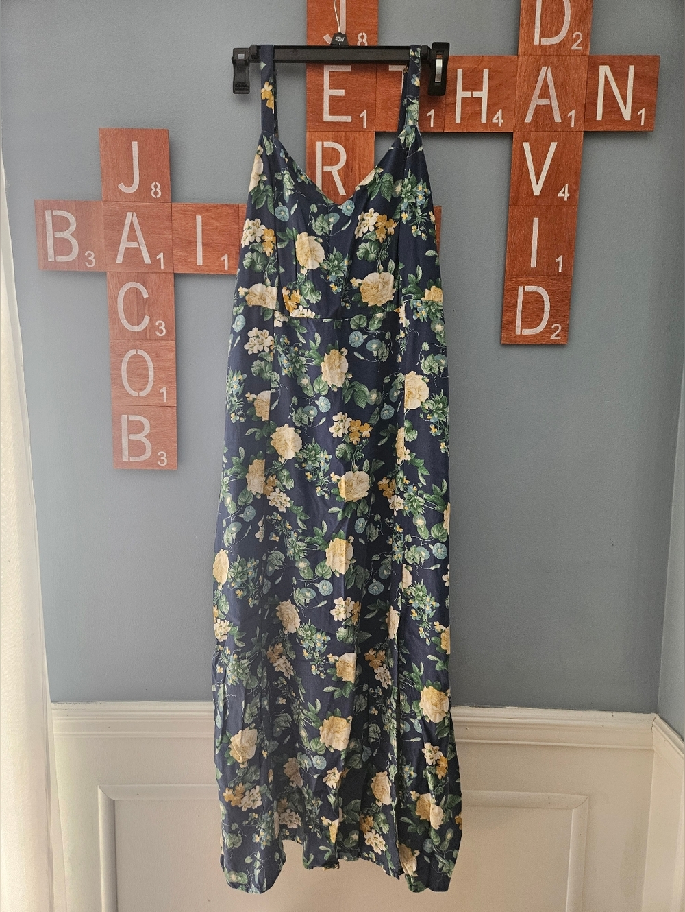 Old Navy Navy Floral Maxi Dress with Yellow Floral Print and Green Leaves